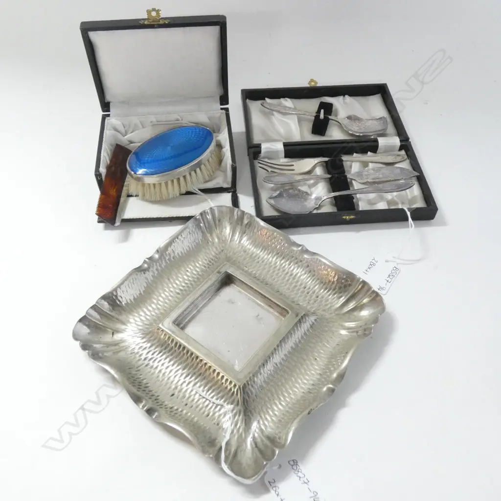  BLUE GUILLOCHE ENAMEL SM BRUSH & COMB SET (IN BOX) SILVER PLATE DISH & 4 PC SUGAR CUTLERY SET Image 1++