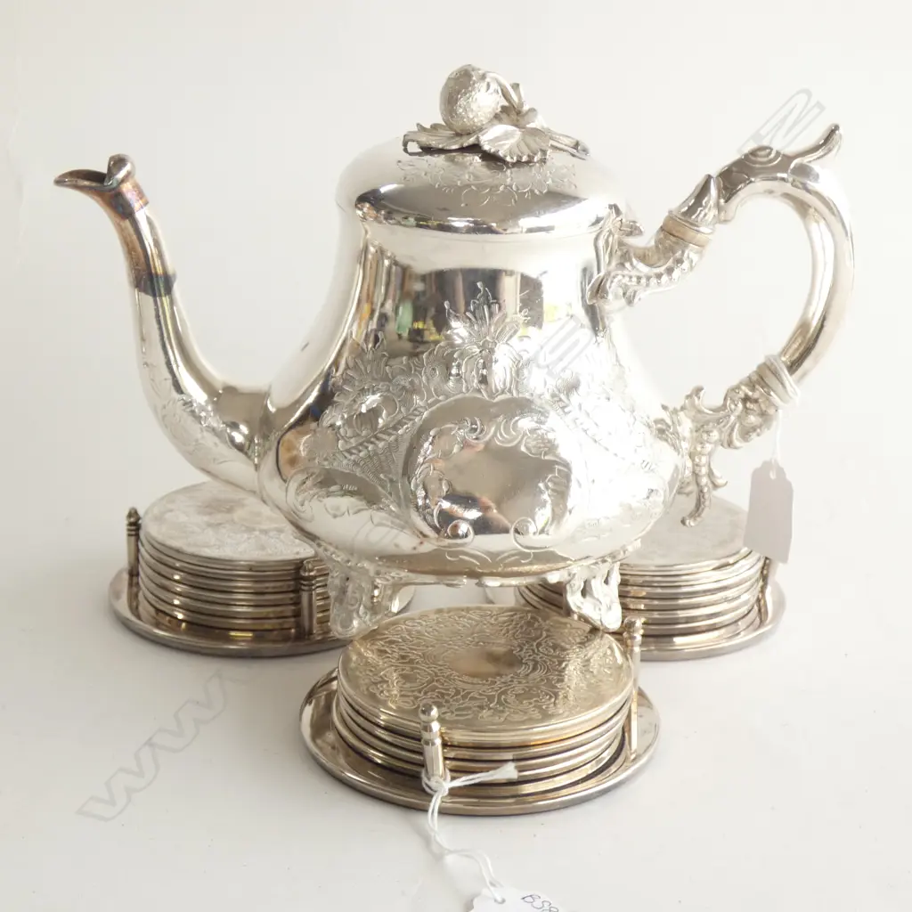 ORNATE SILVER PLATE TEAPOT H. 200MM + 3 SETS SILVER PLATE COASTERS WITH HOLDERS  Image 1++