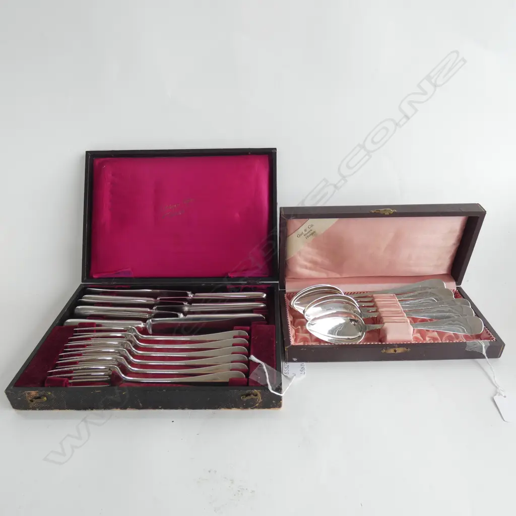 VINTAGE GERMAN WELLNER NICHT ROSTEND 12 PC CUTLERY SET; 6 KNIVES / 6 FORKS IN BOX + BOX 6 GUT&CO DESSERTSPOONS Image 1++
