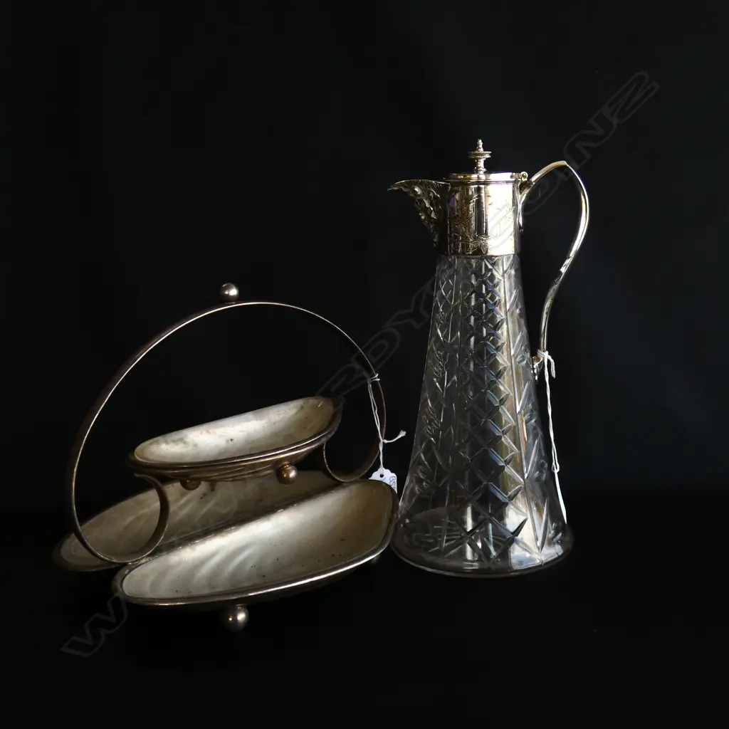 CUT CLASS & SILVER PLATE CLARET JUG H. 265MM + 3 SECTION GLASS & EP SHELL SHAPED DISH W HANDLE Image 1++