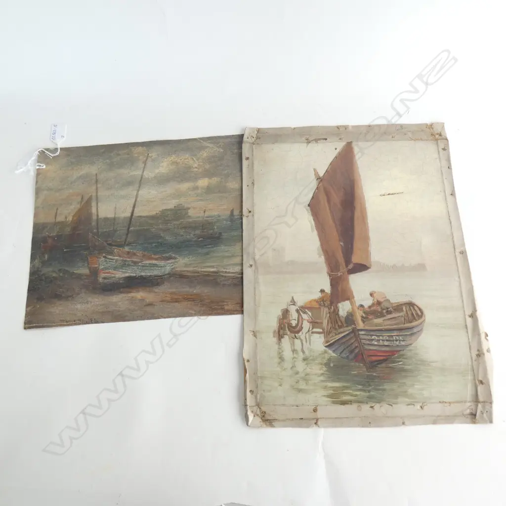 2 VICTORIAN UNFRAMED OIL ON CANVAS BOAT SCENE A.F Image 1++