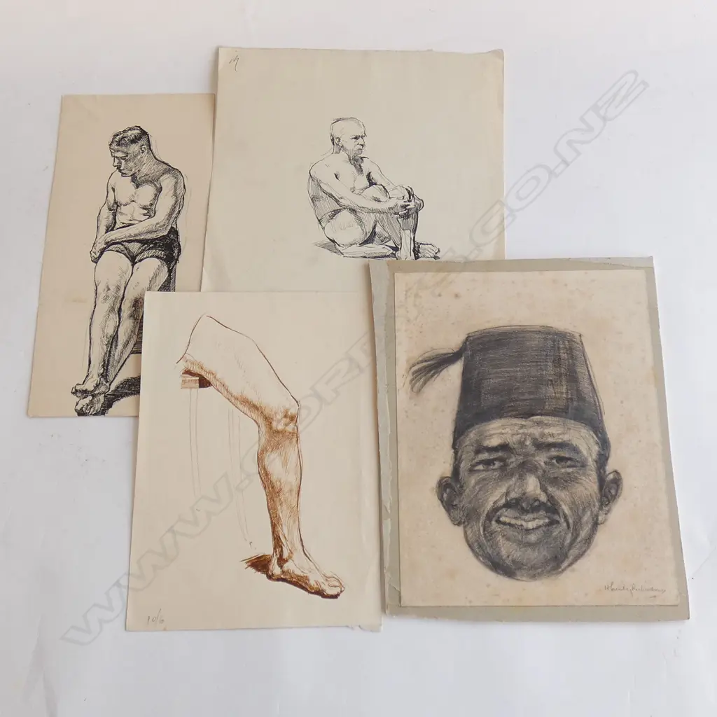 H L RICHARDSON 4 SKETCHES. INK OF A WRESTLER 250x115mm Image 1++