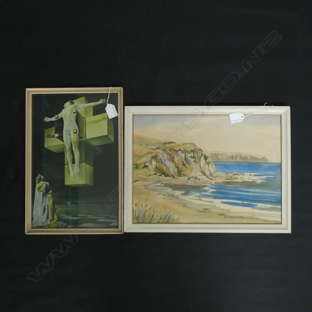 BEACH SCENE WATER COLOUR SIGNED THELMA GREEN 360 X 270MM + CONTEMPORARY RELIGIOUS PRINT JESUS ON CROSS  Image 1++