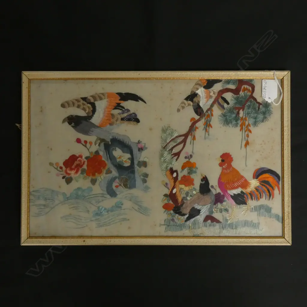 ORIENTAL SILK FRAMED EMBROIDERY OF BIRDS 400 X 265MM Image 1++