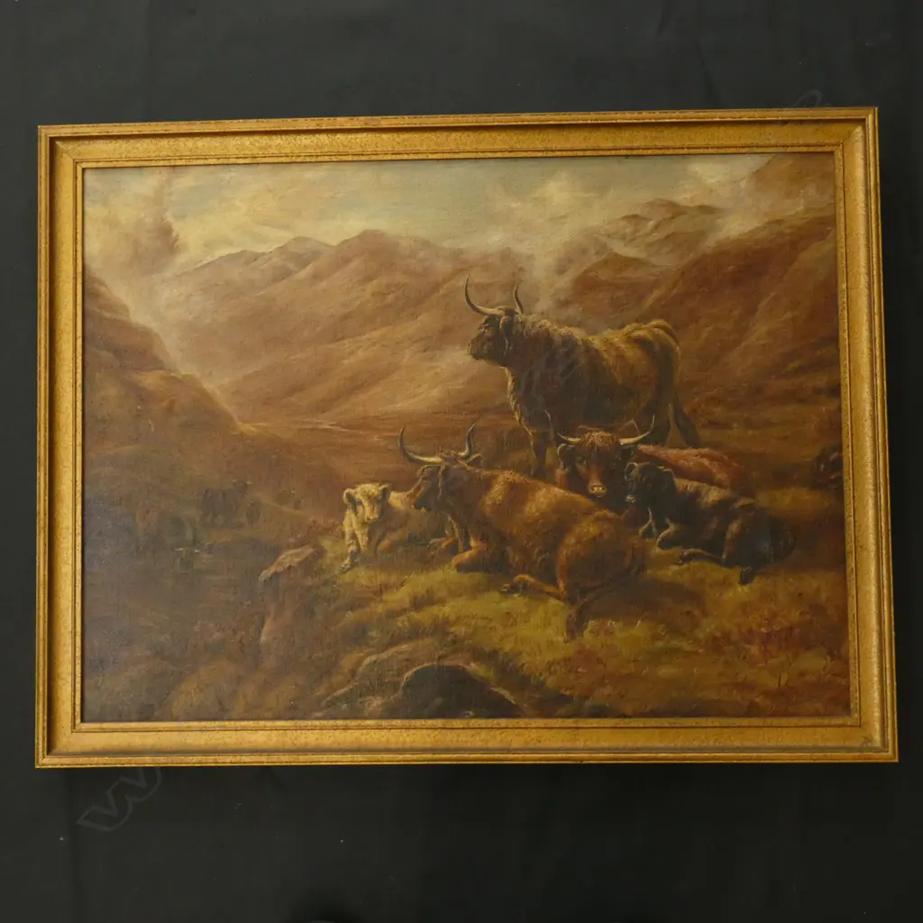 OIL ON CANVAS COWS ON A HILL - ILLEGIBLE SIGN. 500 X 670MM Image 1++