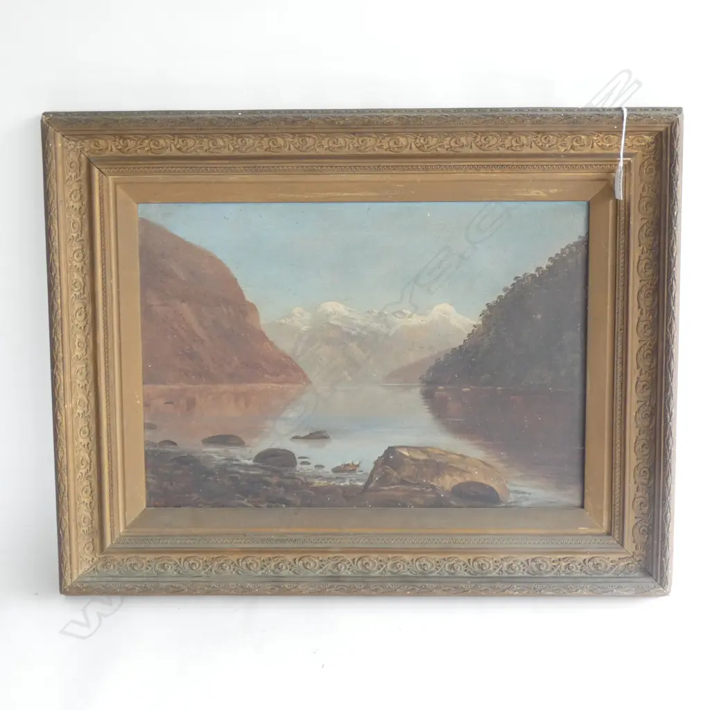 OLD DECORATIVE FRAMED OIL ON CANVAS - LAKE & MOUNTAIN SCENE 500 X 350MM (SMALL HOLE IN CANVAS) Image 1++