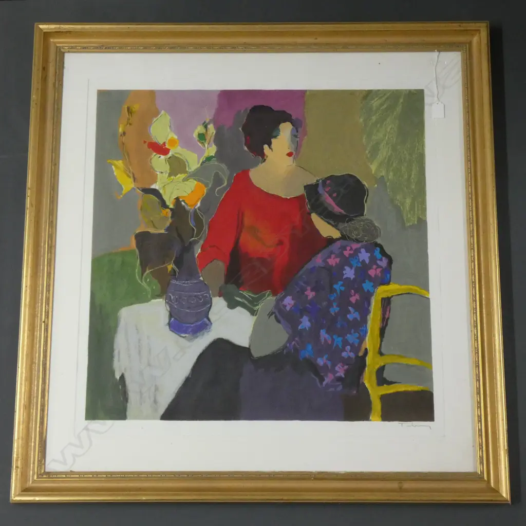  ITZCHAK TARKAY SERIGRAPH PRINT 222/300  "2 WOMEN AT A TABLE WITH FLOWERS" 730 x 730 GILT FRAME Image 1++