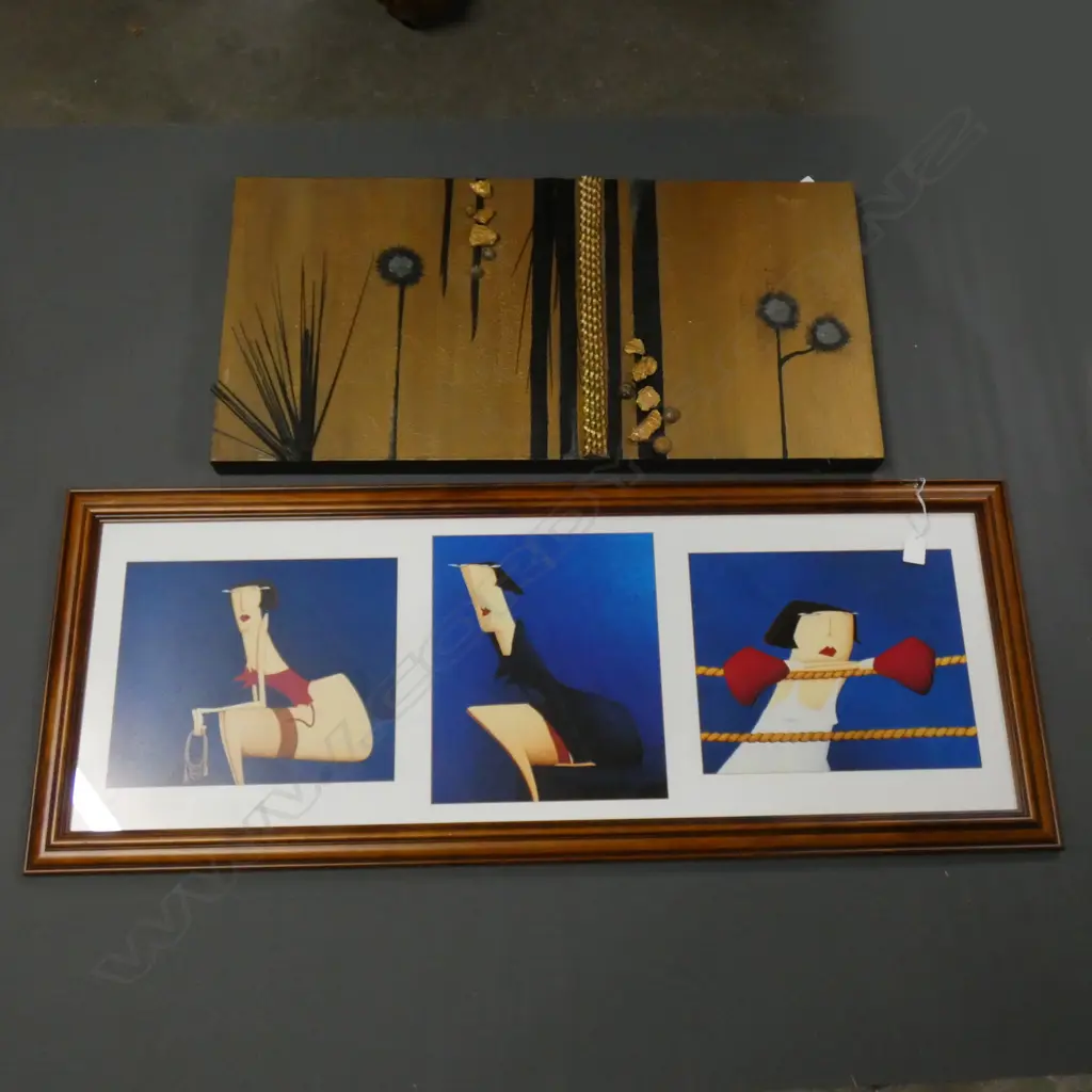 CONTEMPORARY ART; TRIPTYCH PRINT 3 LADIES ( 920 X 300MM) & MIXED MEDIA ON CANVAS (760 X 380MM) Image 1++