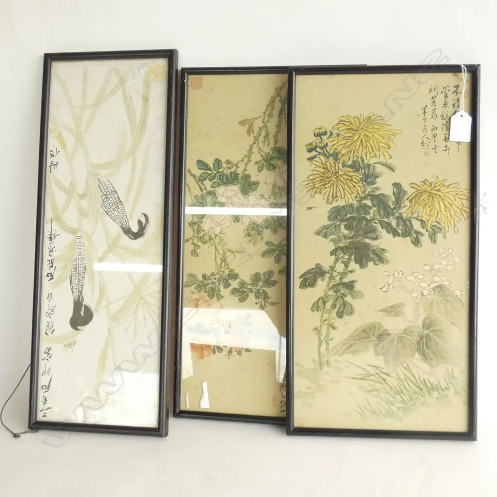 3 FRAMED ORIENTAL PAINTINGS LARGEST TWO  430 X 210MM Image 1++