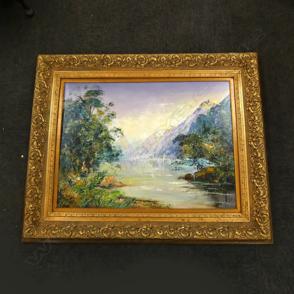 VERY LG GILT FRAMED OIL ON BOARD MOUNTAIN / LAKE SCENE 740 X 1000MM ...Ex Sultan of Brunei Image 1++