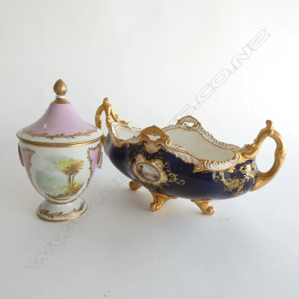 COALPORT GOLD GILD & COBALT CENTREPIECE C1904 L 275MM & PINK & GOLD GILD LIDDED POT H. 180MM Image 1++