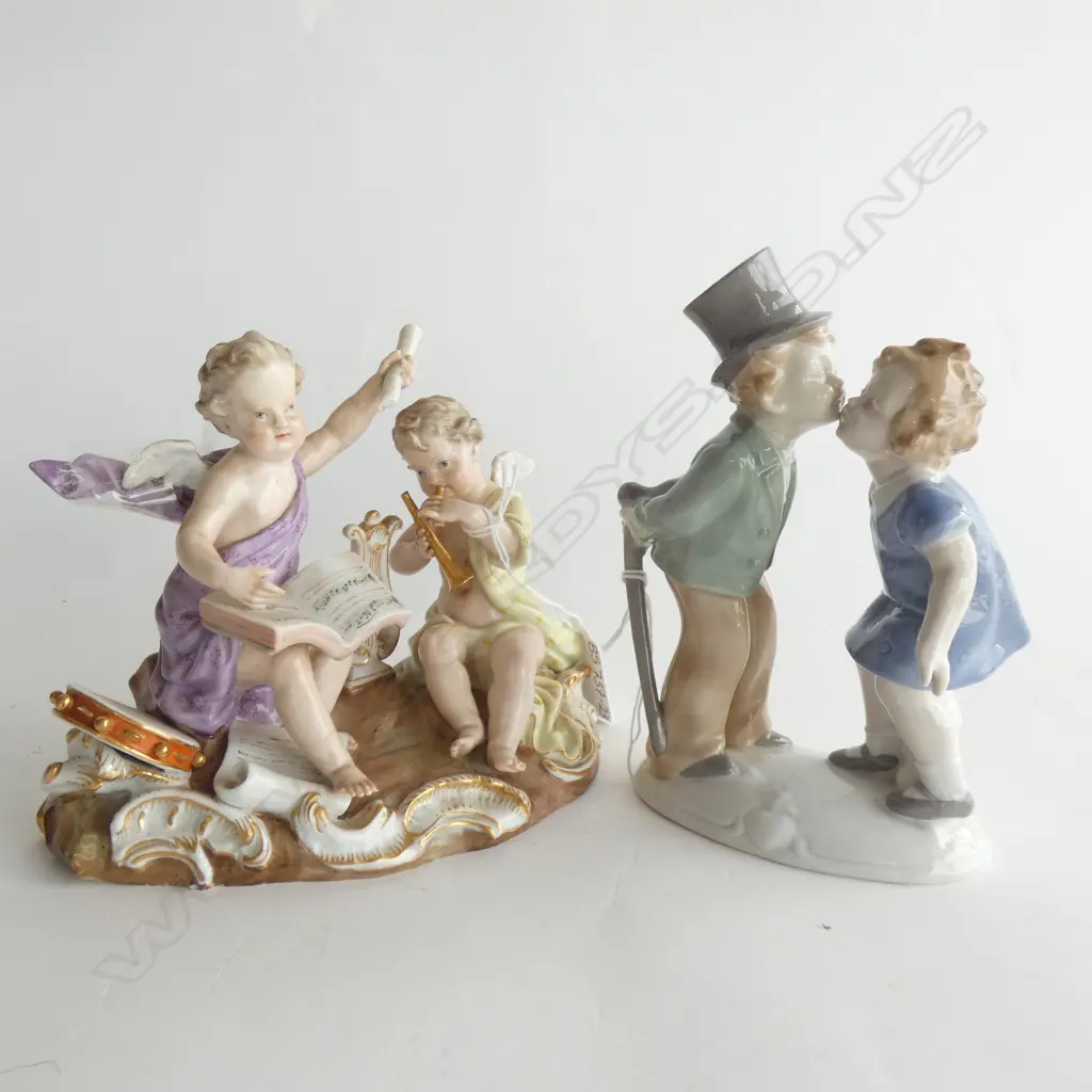 MEISSEN CHERUBS WITH MUSICAL INSTRUMENTS (H 130MM)(A/F) & GERMAN FIGURE; KISSING COUPLE (H 160MM) Image 1++