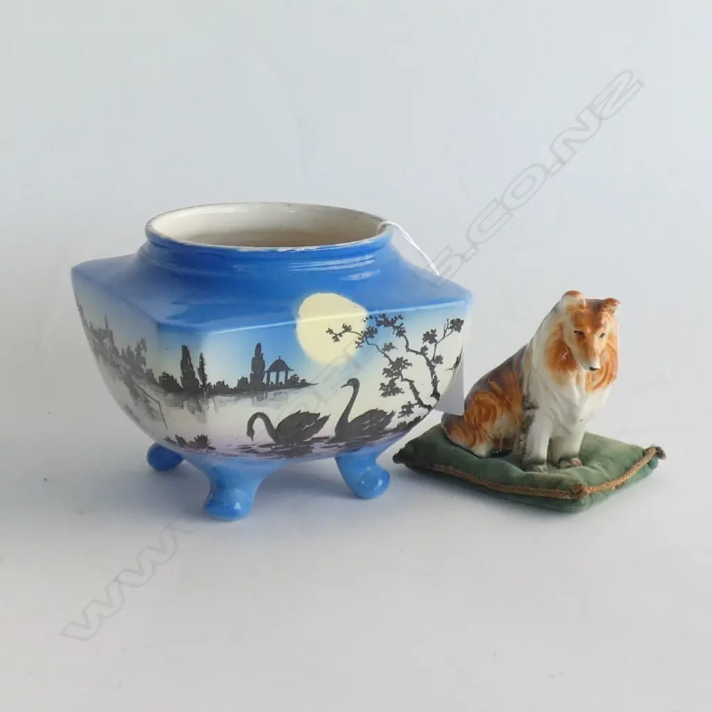 VINTAGE PORCELAIN; BORDER COLLIE ON VELVET CUSHION (H 90MM) & HANLEY ART DECO 'MOONLIGHT' VASE C1920'S H. 125MM Image 1++