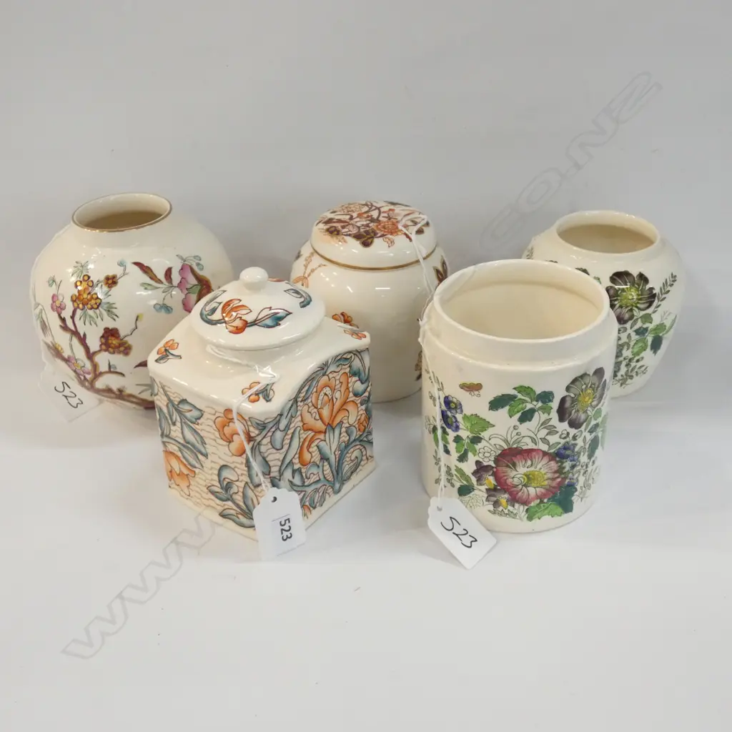 MASON IRONSTONE 2 LIDDED TEA CADDYS & 3 JARS VARIOUS PATS Image 1++