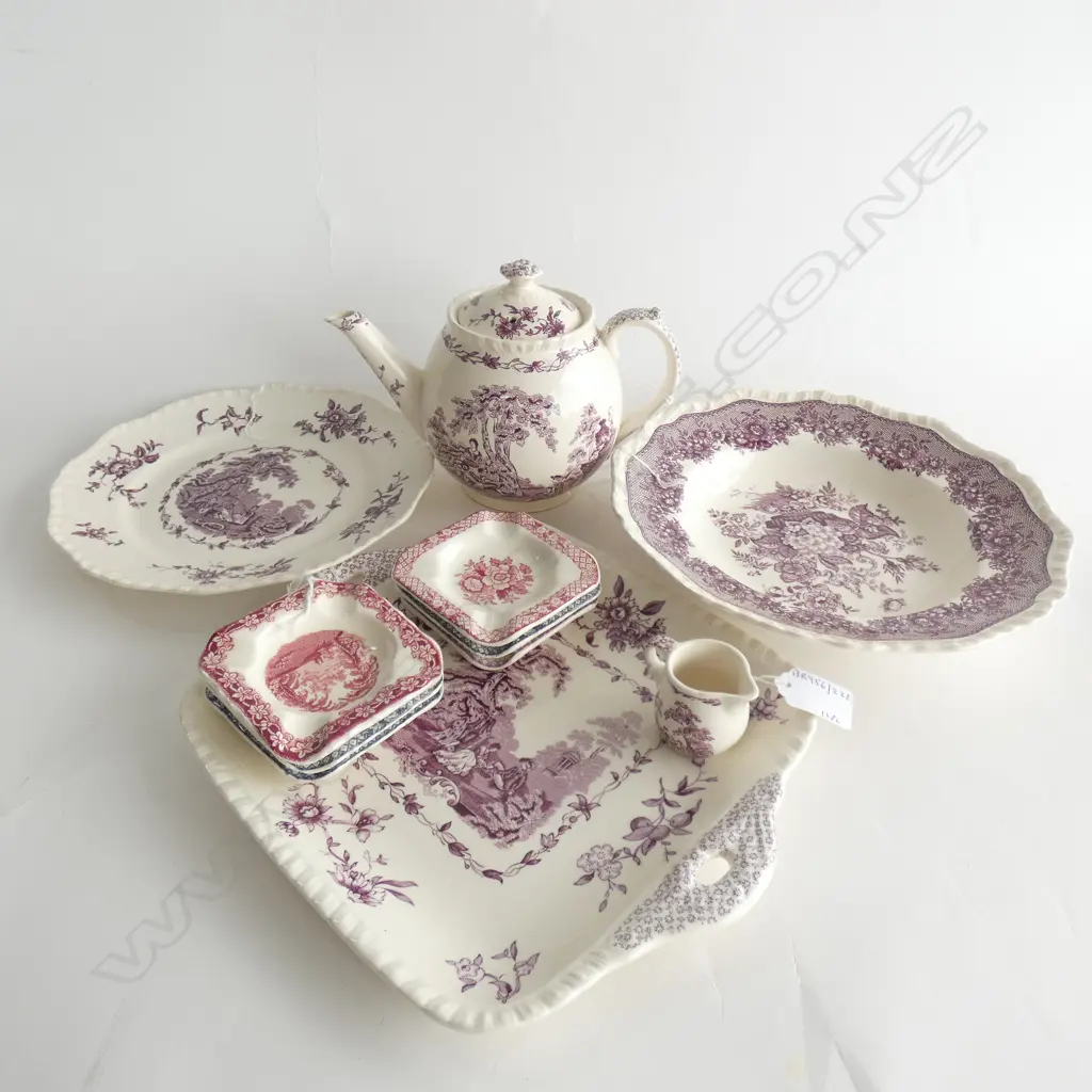 MASON IRONSTONE 3 PLATES TEAPOT 6 DISHES & MINI JUG MAUVE COULOR Image 1++