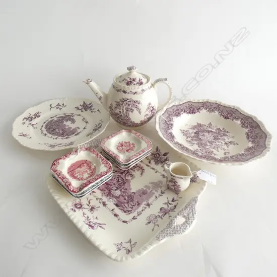 MASON IRONSTONE 3 PLATES TEAPOT 6 DISHES & MINI JUG MAUVE COULOR