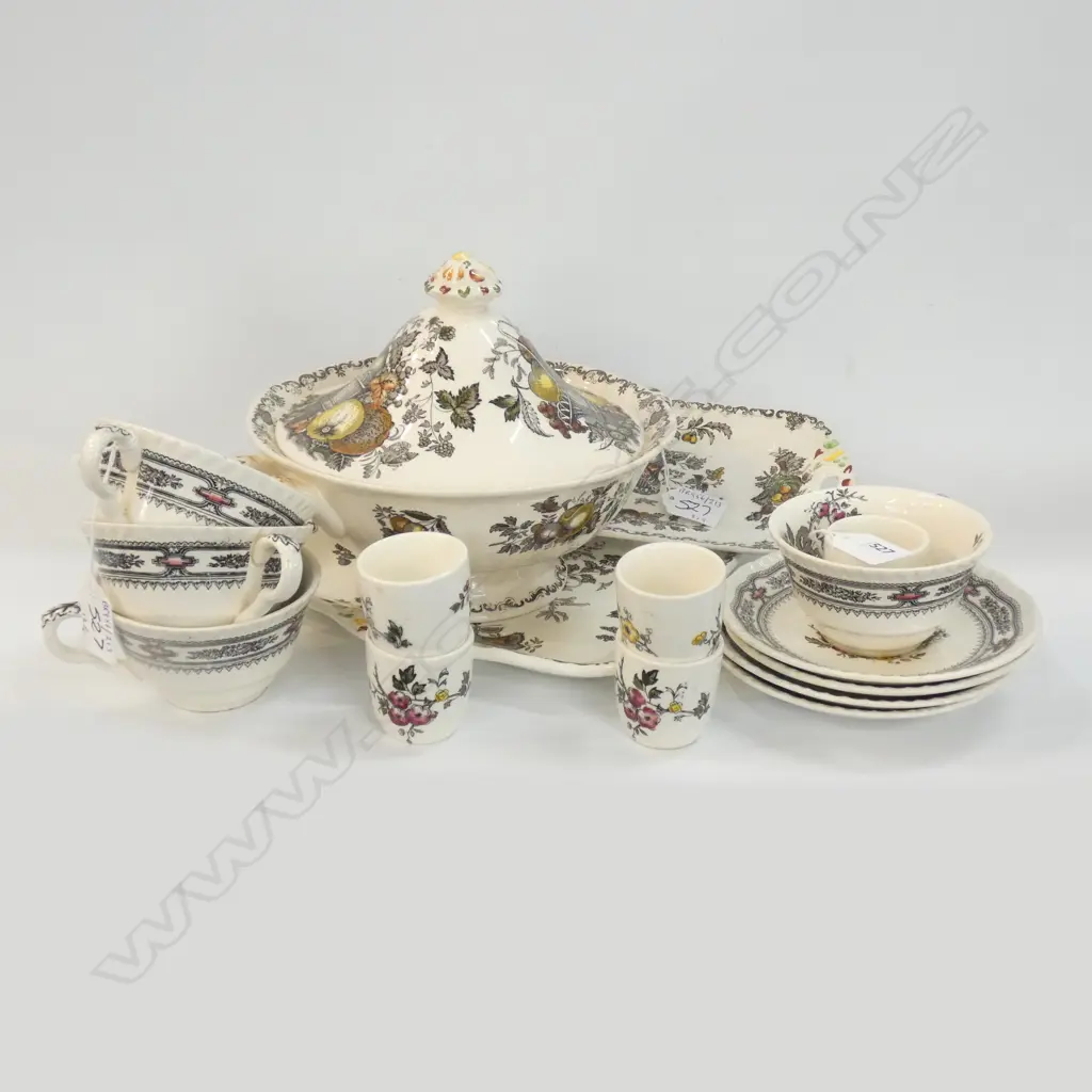 MASON IRONSTONE TURREEN 2 SANDWICH PLATES FRUIT BASKET PAT 4 C/S & 5 EGG CUPS MANCHU PAT Image 1++