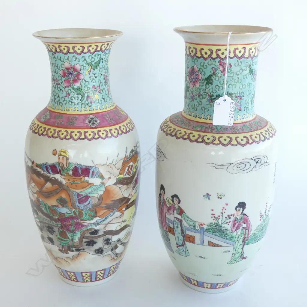 PR TALL ORIENTAL VASES; FAMILLE ROSE NECK - DIFFERENT ORIENTAL SCENES TO BODY H. 370MM Image 1++