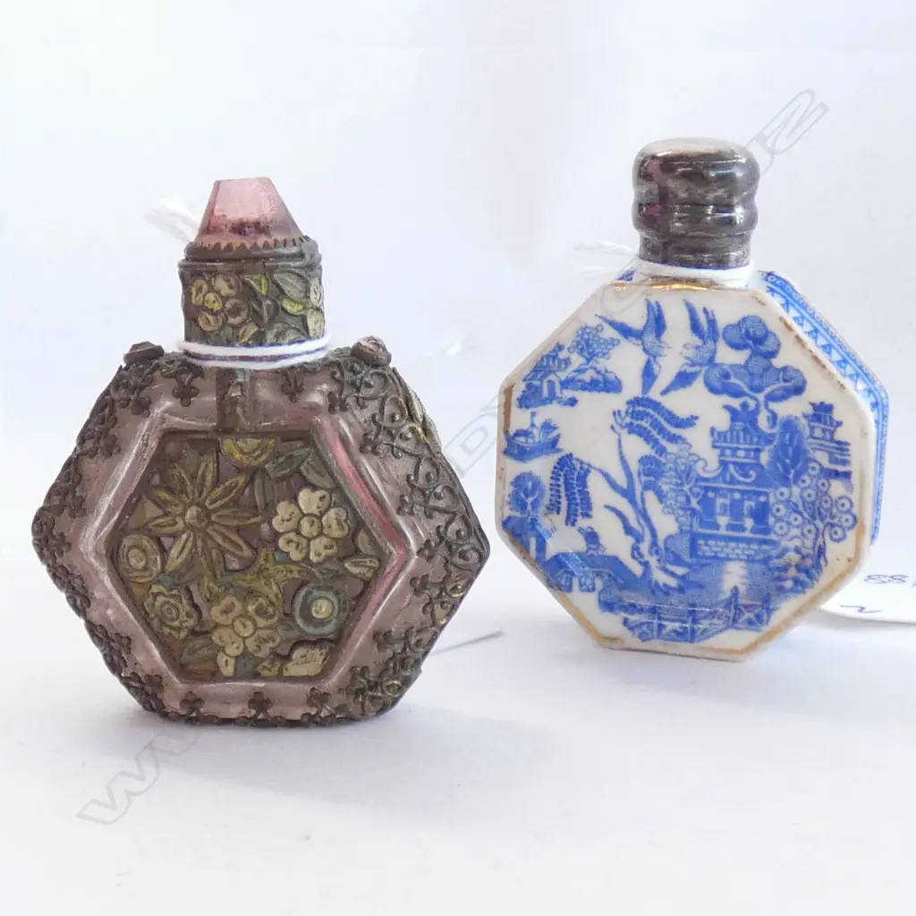 2 ANTIQUE FACETED PERFUME BOTTLES. B&W SIL.TOP... Image 1++