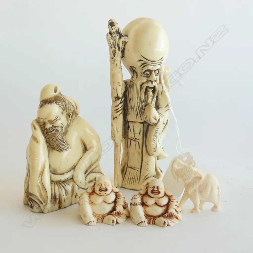 5 PCS FAUX IVORY ORIENTAL PCS; BUDDHA ETC.. TALLEST H. 130MM Image 1++