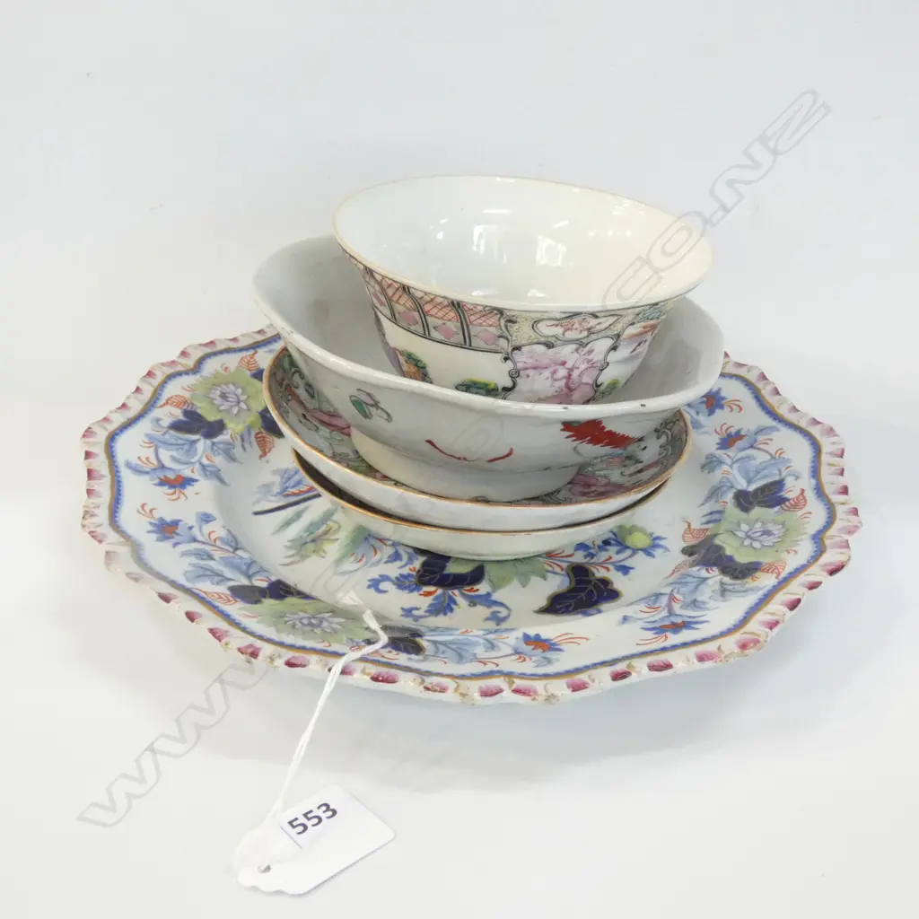 OLD ORIENTAL CHINA; PLATE (DIA 260MM) PR FAMILLE ROSE DISHES & 2 SM BOWL  Image 1++