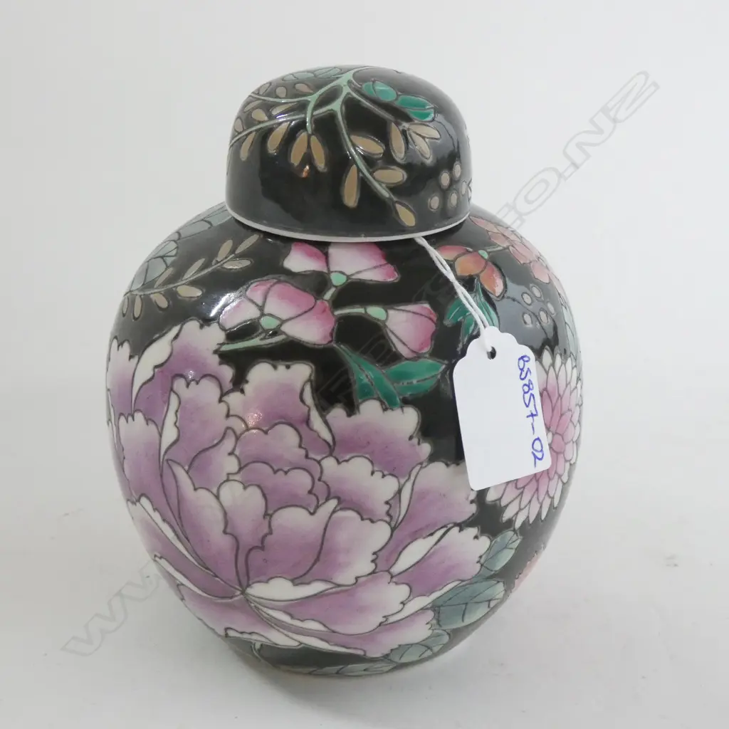 CHINESE POLYCHROME ENAMEL LIDDED GINGER JAR black ground Image 1++