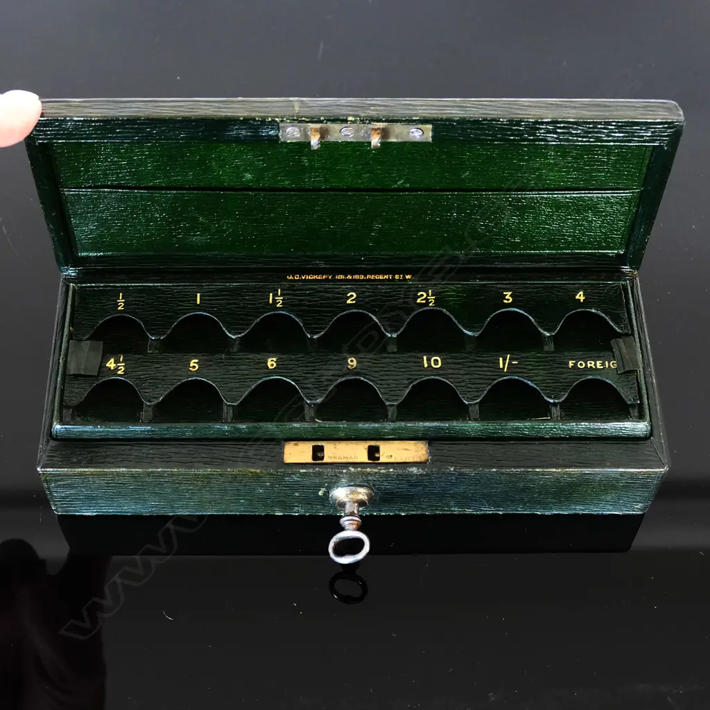 Rare c.1900 Leatherette 14 Compartment Stamp Box and Writing Box, complete with key. Retailed by J.C. Vickery, 181-183 Regent Street W, Royal Patronage. Image 1++