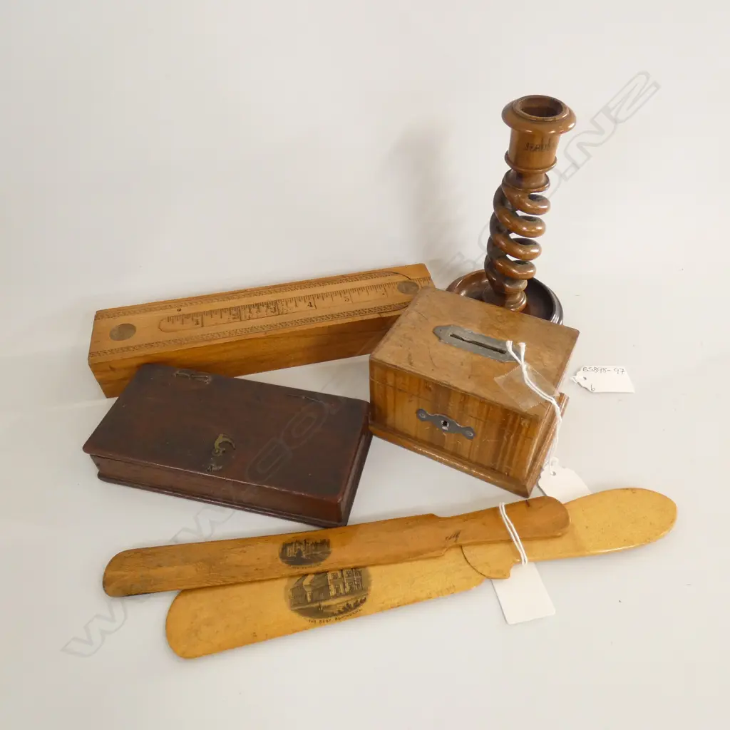 ASST VINTAGE WOODEN WARE; BARLEY TWIST CANDLE HOLDER / SLIDE RULE / LETTER OPENERS ETC.. Image 1++
