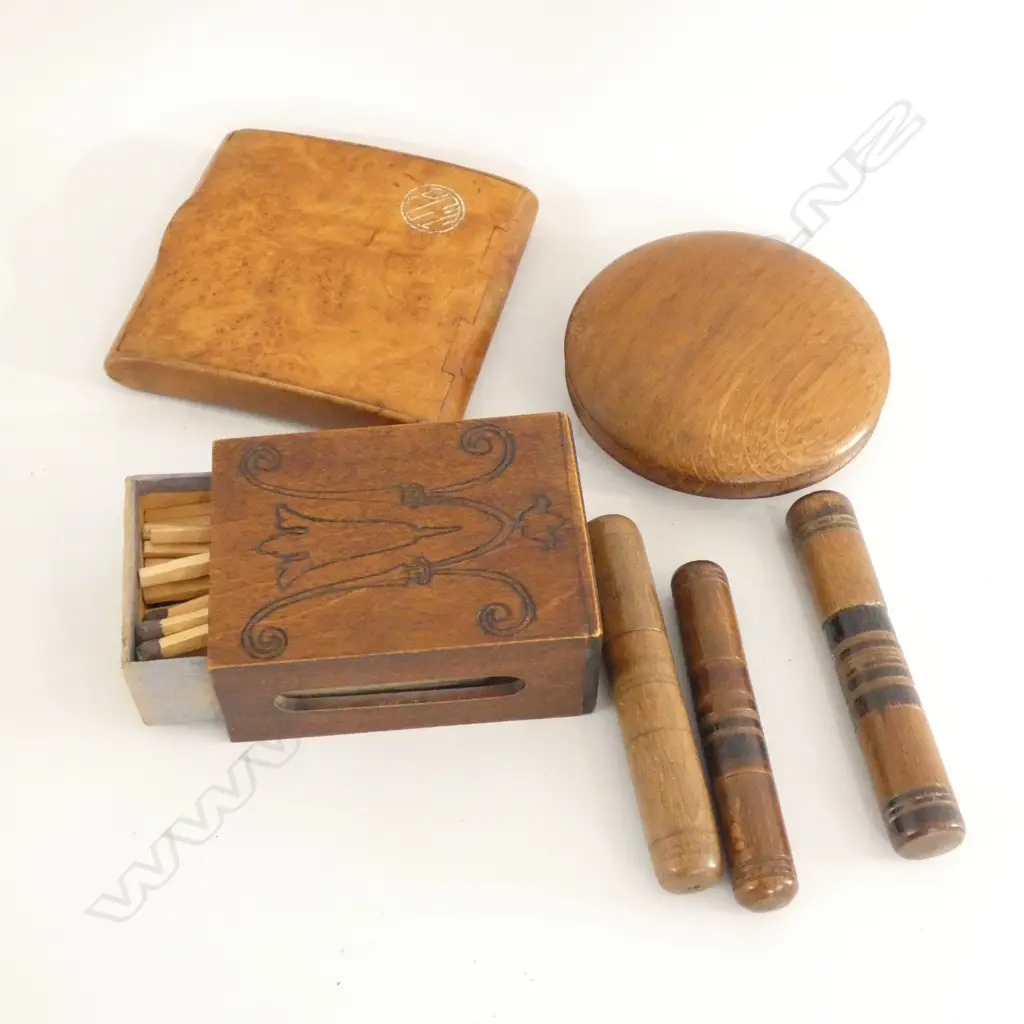 WOODEN ITEMS; ART NOUVEAU MATCH BOX HOLDER W MATCHES / CIGARETTE BOX / 3 NEEDLE HOLDERS & LIDDED COMPACT Image 1++