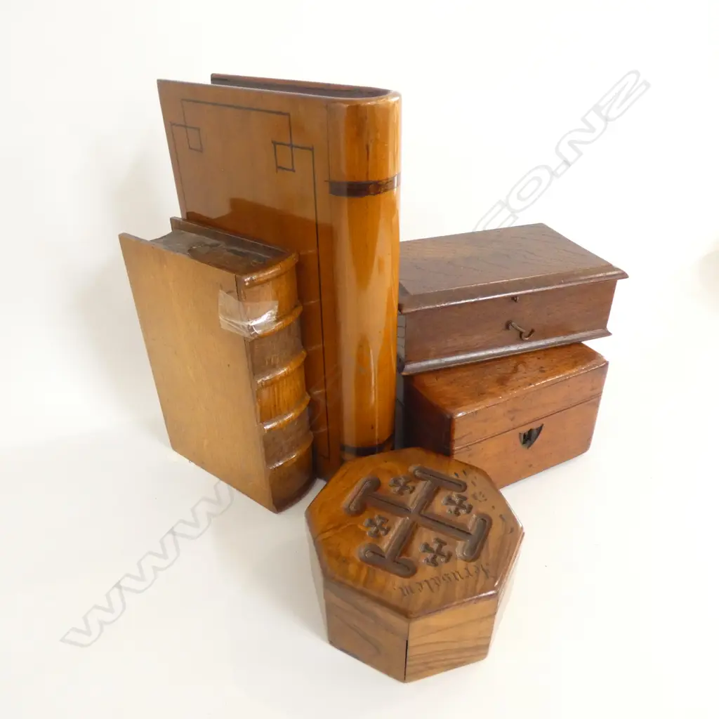 5 ASST SM WOODEN BOXES; 2 BOOKS SHAPED - LARGEST 240 X 150MM Image 1++