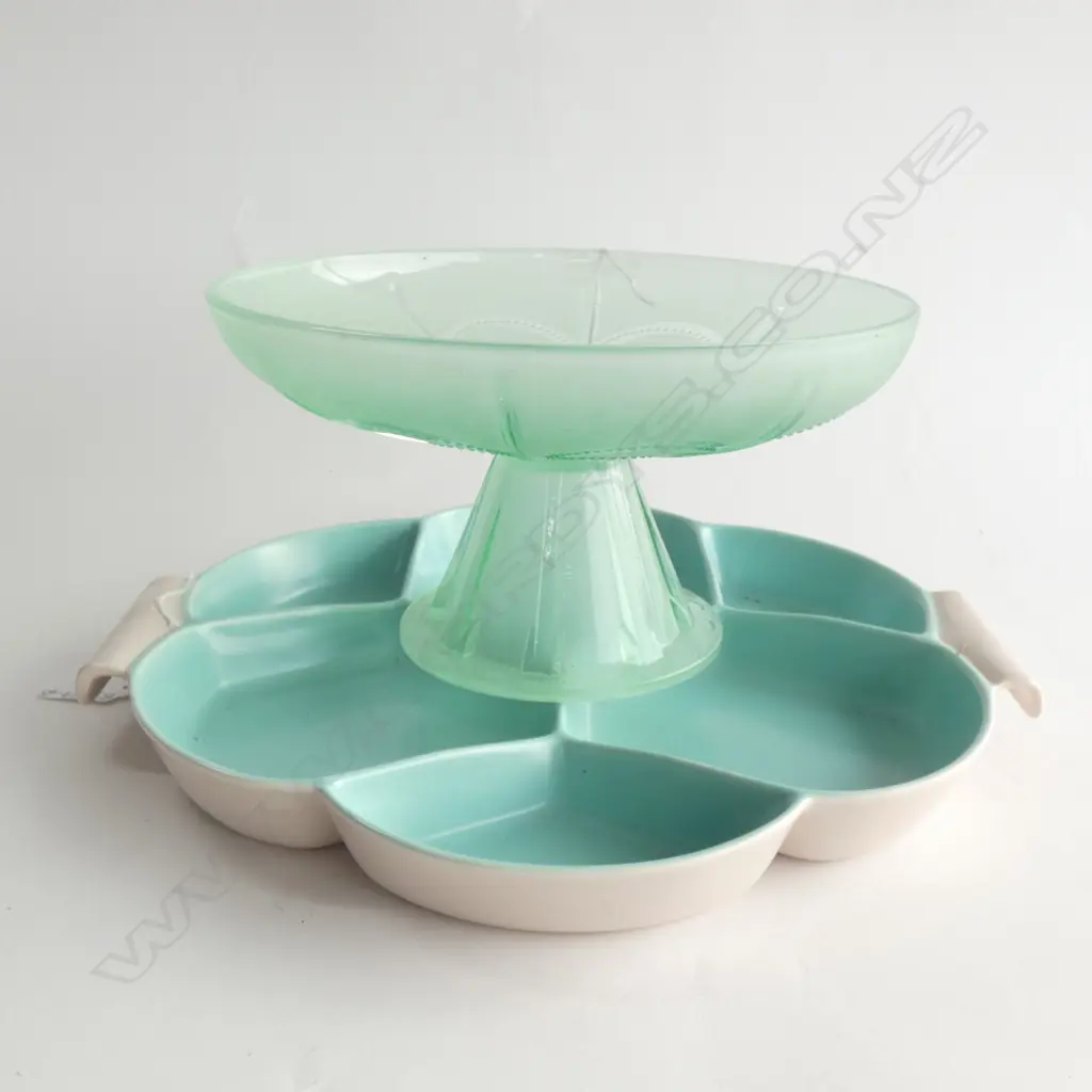 VINTAGE GREEN GLASS FOOTED DISH (DIA 235MM) & POOLE TWINTONE 6 SECTION DISH DIA  330MM Image 1++
