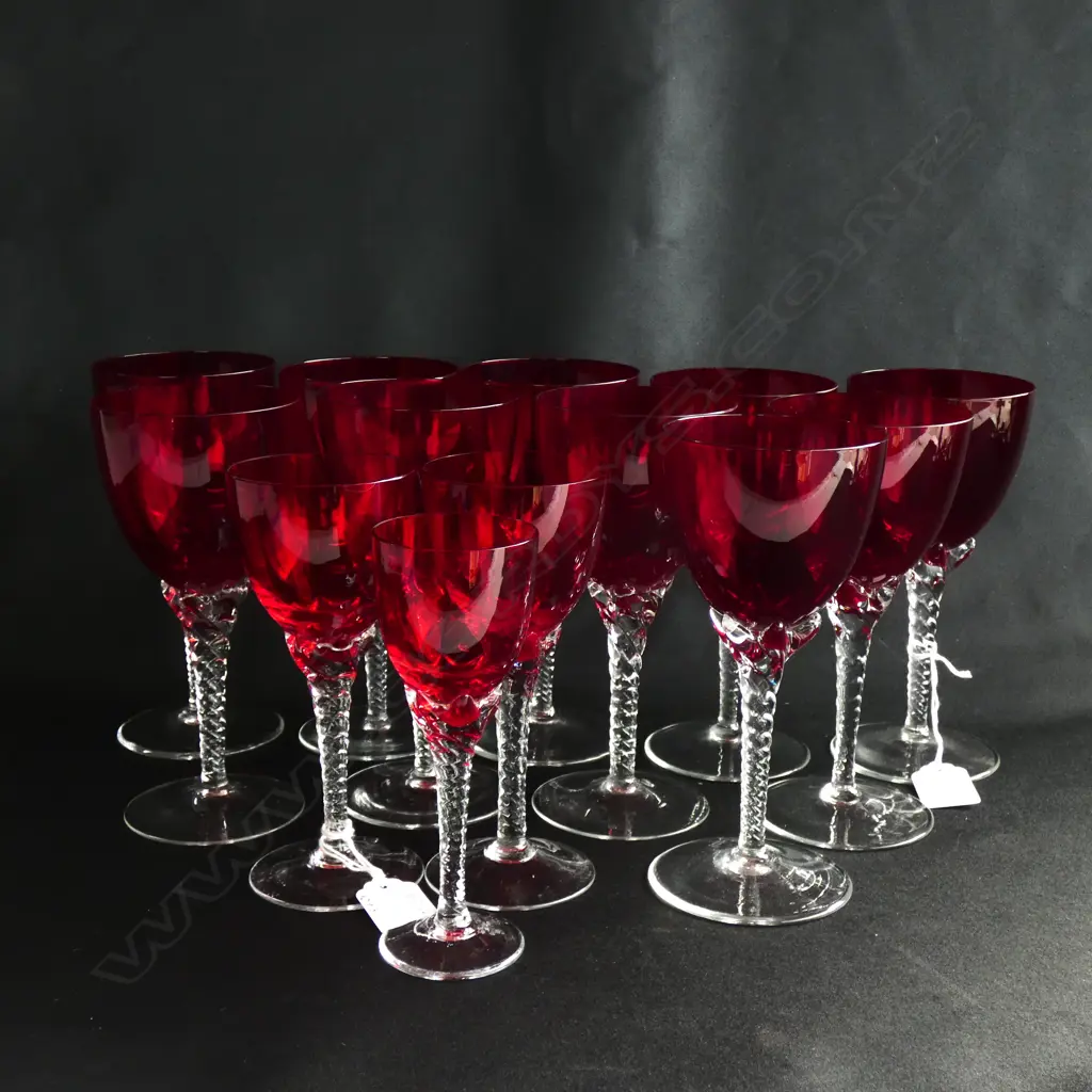 10 RUBY WINE GLASSES - TWISTED CLEAR STEMS H. 170MM + OTHERS Image 1++