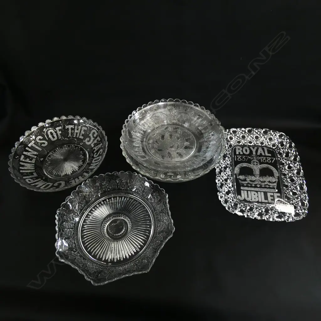 6 ASST  VINTAGE GLASS PLATES & BOWLS INCL ROYAL JUBILEE 1837-1887  Image 1++