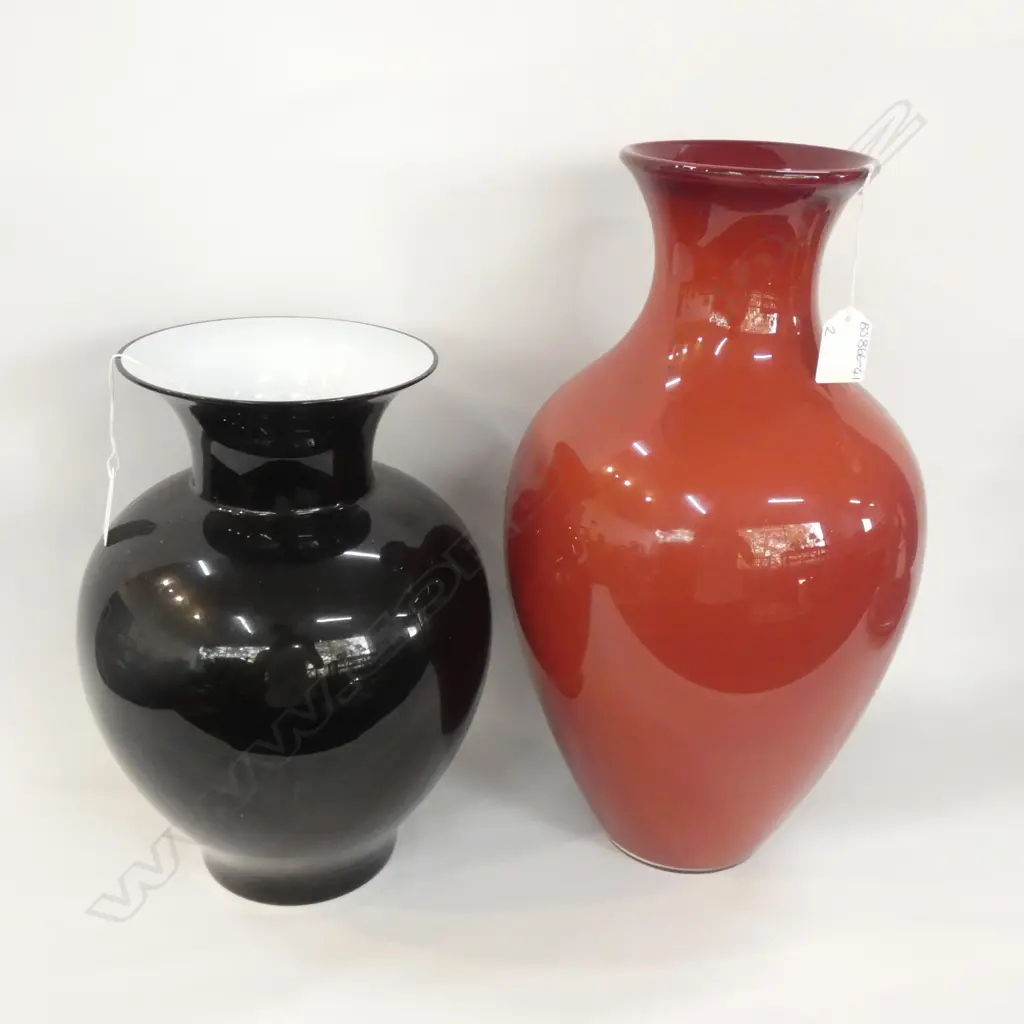 2 LG MURANO GLASS VASES; ONE BLACK & ONE RUST - LARGEST H. 410MM Ex Sultan of Brunei Image 1++