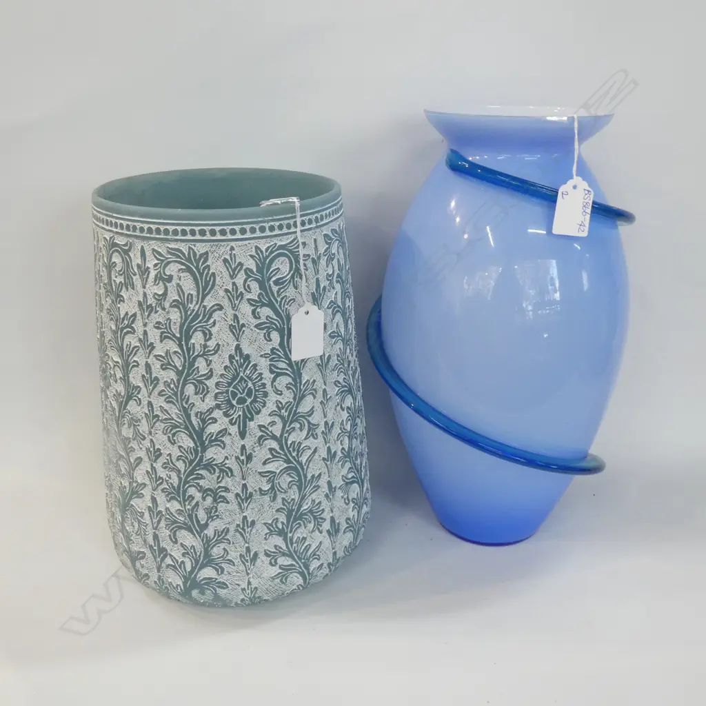 LG BLUE GLASS VASE W TRAILINGS H 370MM   + 1 OTHER Ex Sultan of Brunei Image 1++