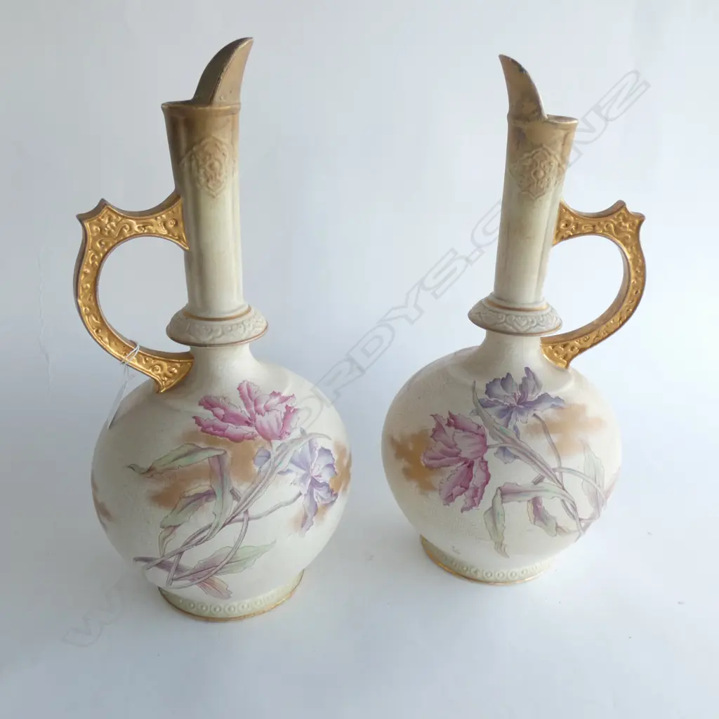 PR LG 19TH CENT. OLD HALL 1790 EWERS - GOLD GILDED HANDLES & CRACKLE GLAZE FLORAL DESIGN H. 435MM Image 1++