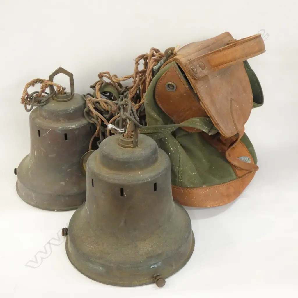 PAIR VINTAGE BRASS LARGE LIGHT GALLERIES + LEATHER CANVAS STITCHED BAG Image 1++