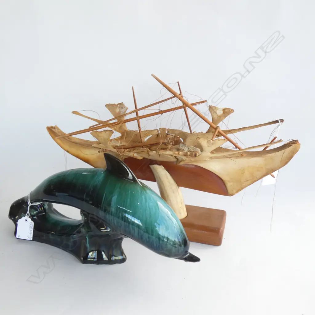 OLD WOOD & BONE CARVED SAILING SHIP (A/F) L 370MM + BLUE MOUNTAIN POTTERY DOLPHIN L 320MM Image 1++