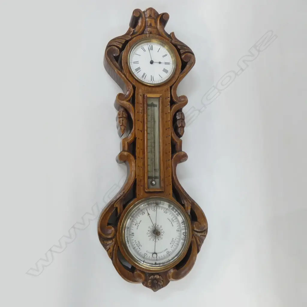 CARVED WOODEN FRAMED WALL CLOCK WITH THERMOMETER & BAROMETER H. 540MM Image 1++