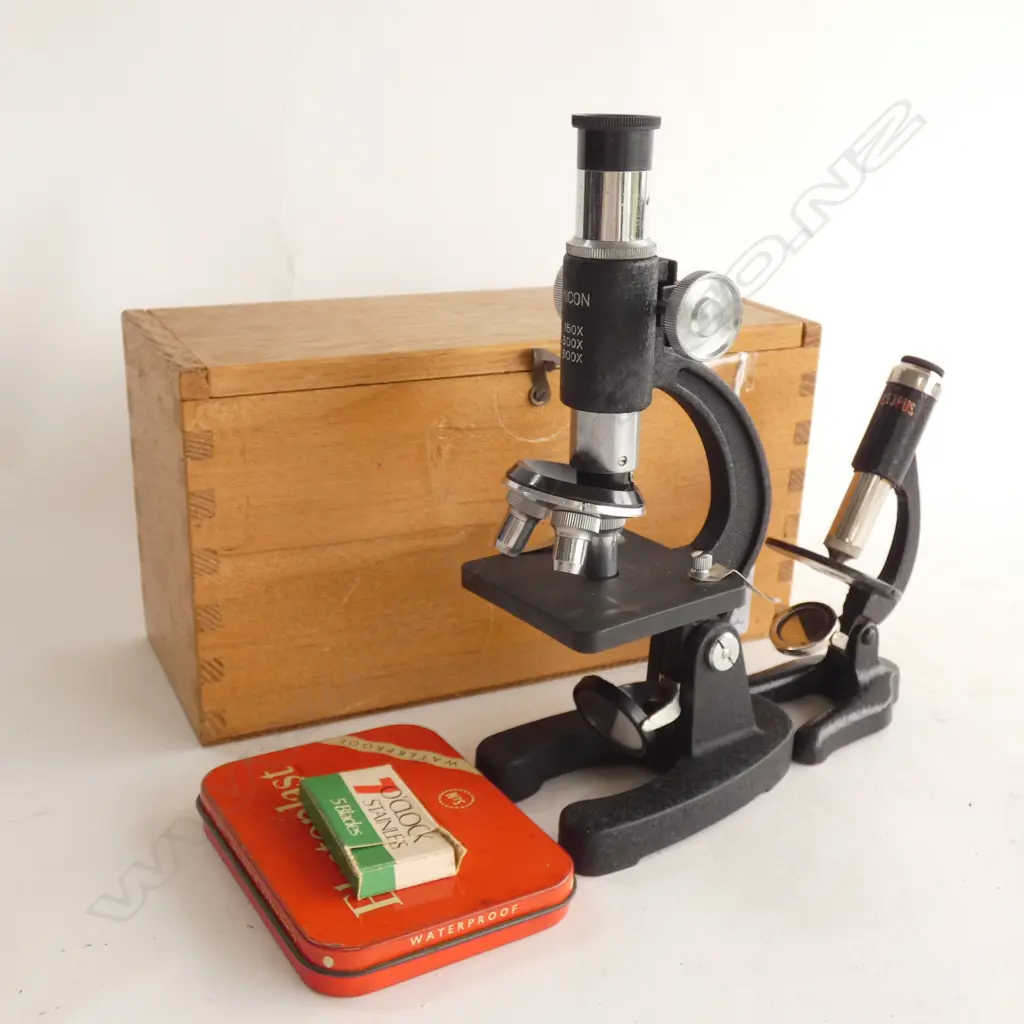 WOODEN BOX OF TWO OLD MICROSCOPES 1 H 205MM & 1 X 150MM + TIN GLASS SLIDES   Image 1++