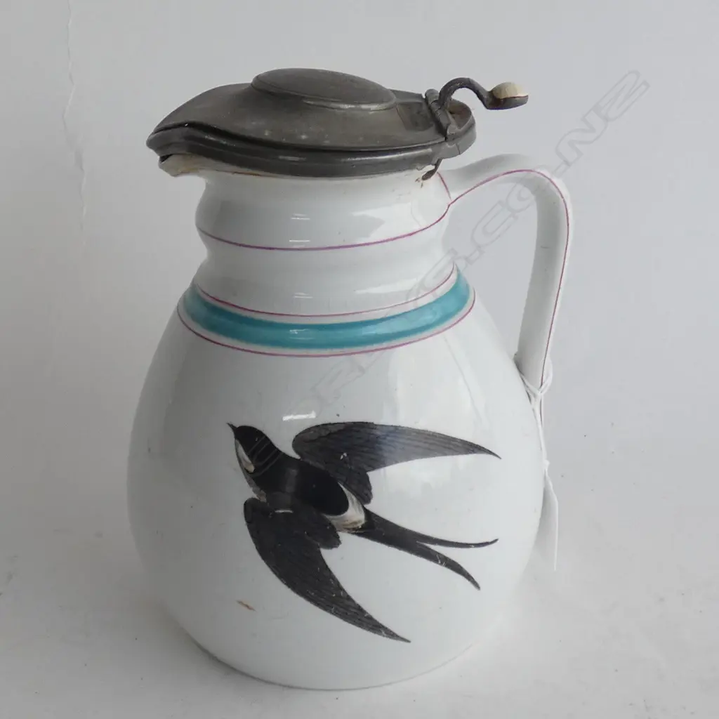 ANTIQUE LOVATTS JUG SWALLOWS - PEWTER LID  H 190MM Image 1++