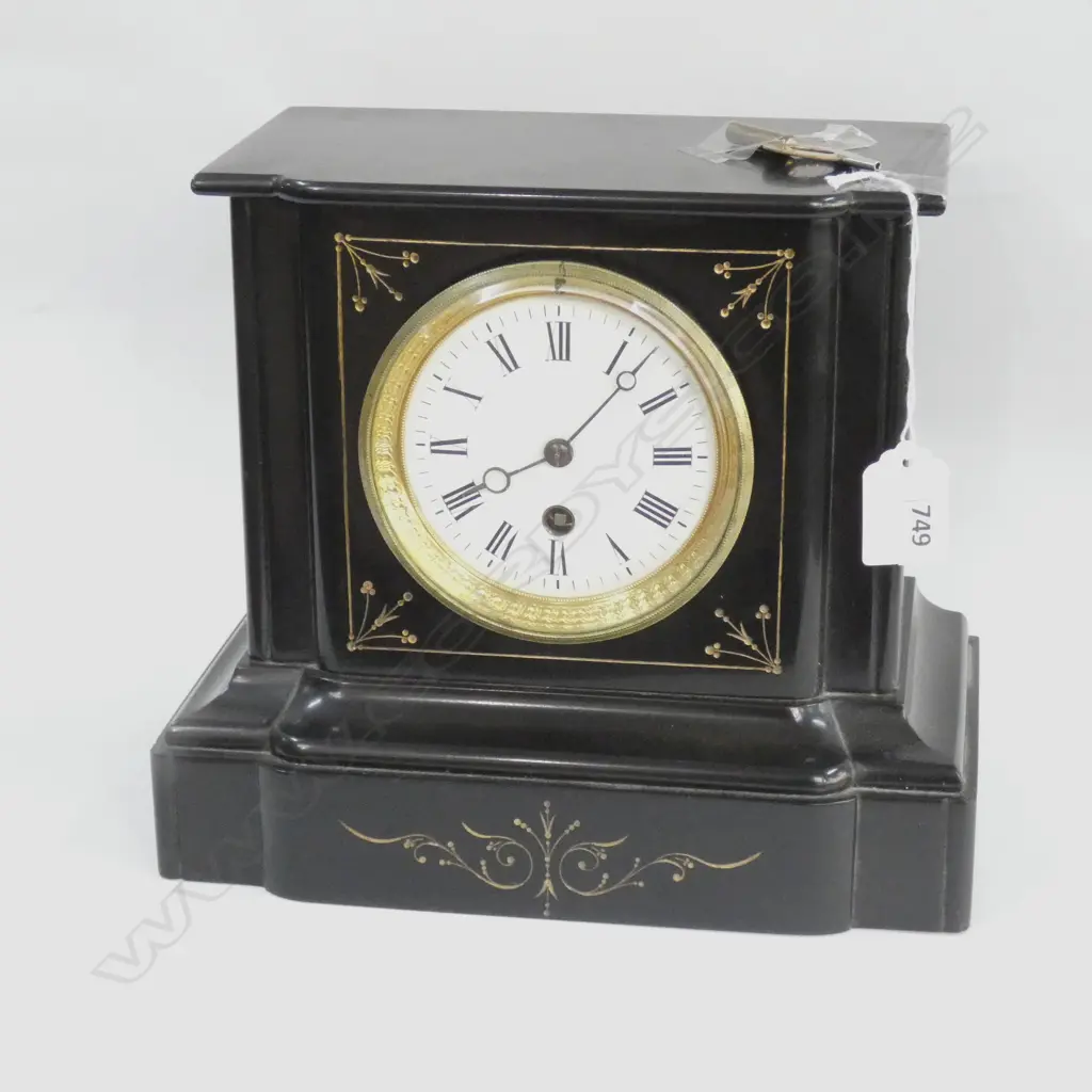 19TH C EBONY SLATE MANTLE CLOCK, WITH KEY H 215MM Image 1++