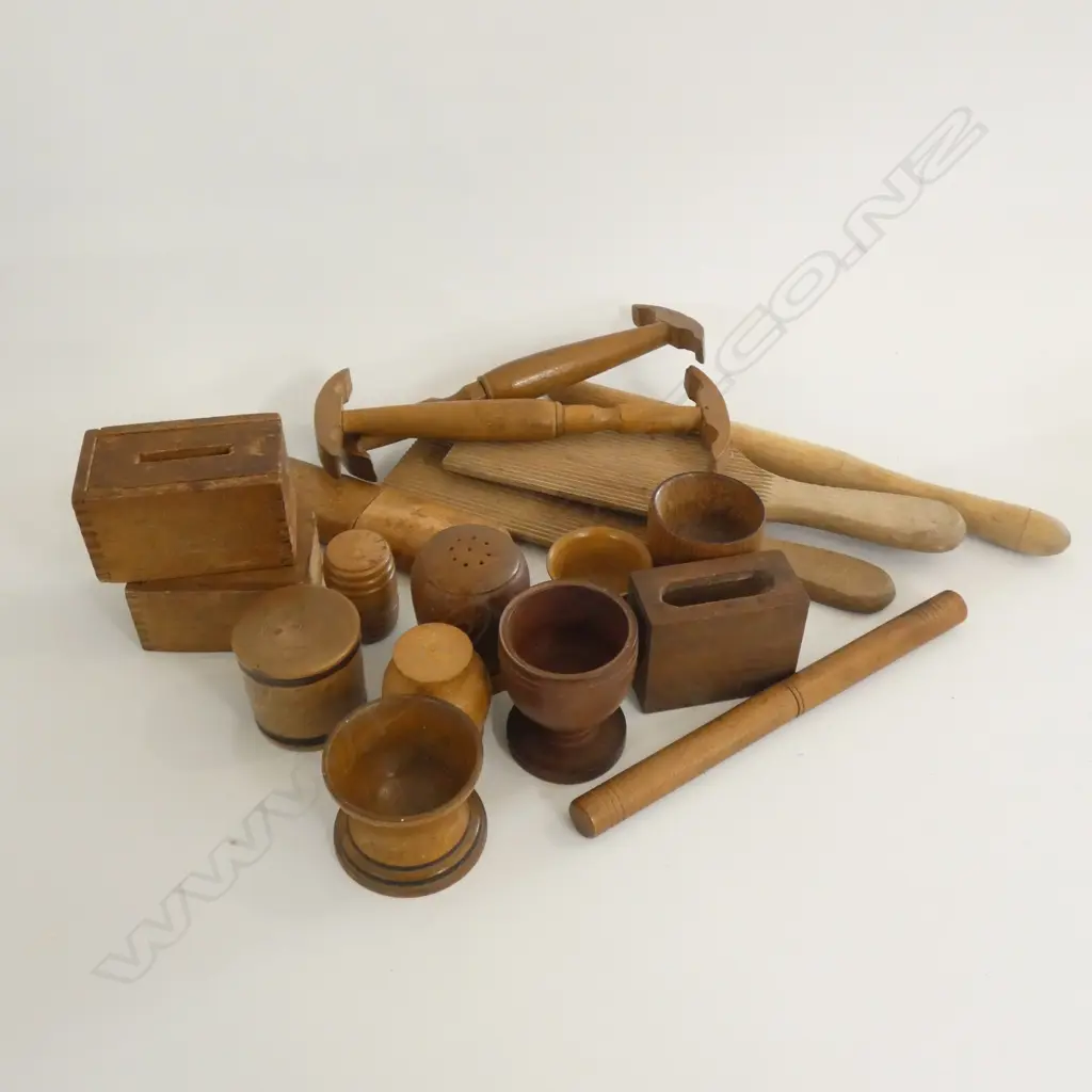 BOX ASST SM WOODEN ITEMS INCL BUTTER PATS / MATCHBOX HOLDERS ETC. Image 1++