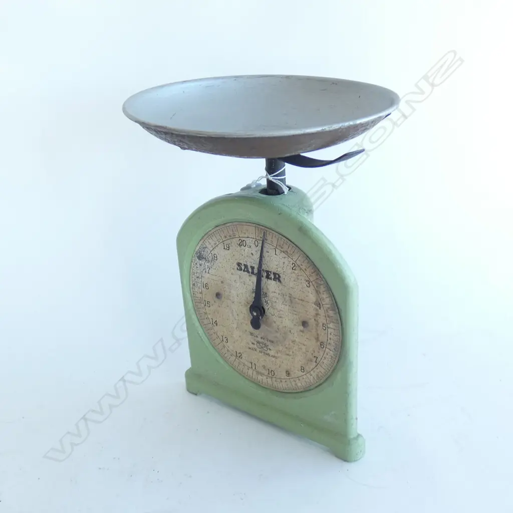 VINTAGE GREEN PAINTED SALTER SCALES w ALUMINIUM DISH H. 300MM Image 1++