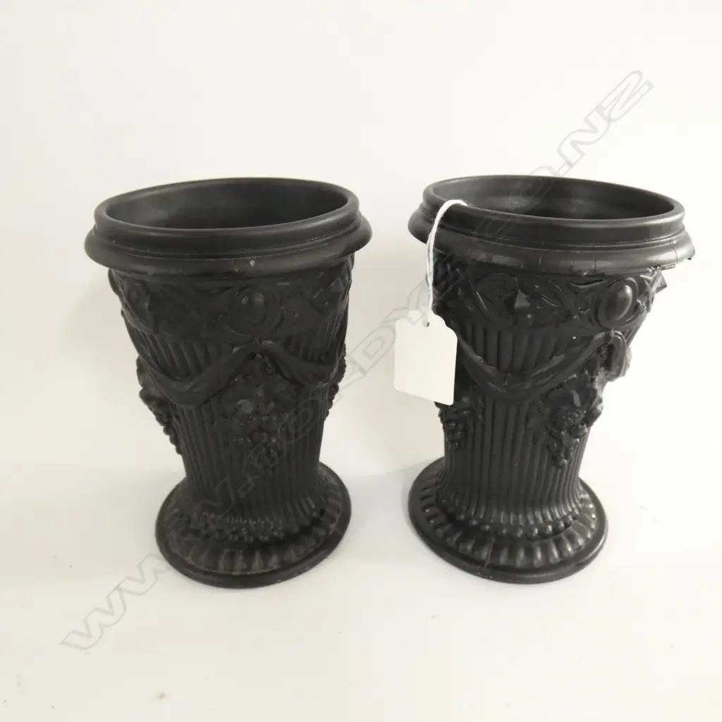 PR ANTIQUE BLACK GLASS VASES - EMBOSSED ANCHOR STAMP & RD NO ON BASE H. 145MM - SOME SM CHIPS  Image 1++