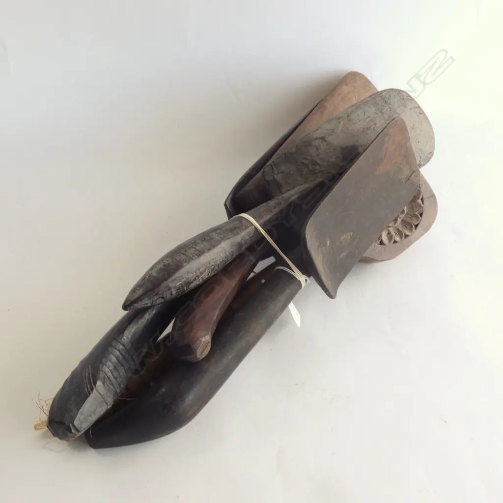 5 MELANESIAN WOODEN IMPLEMENTS, MASSIM TAPA BEATER, SAGO SPATULAS, LADLE Image 1++