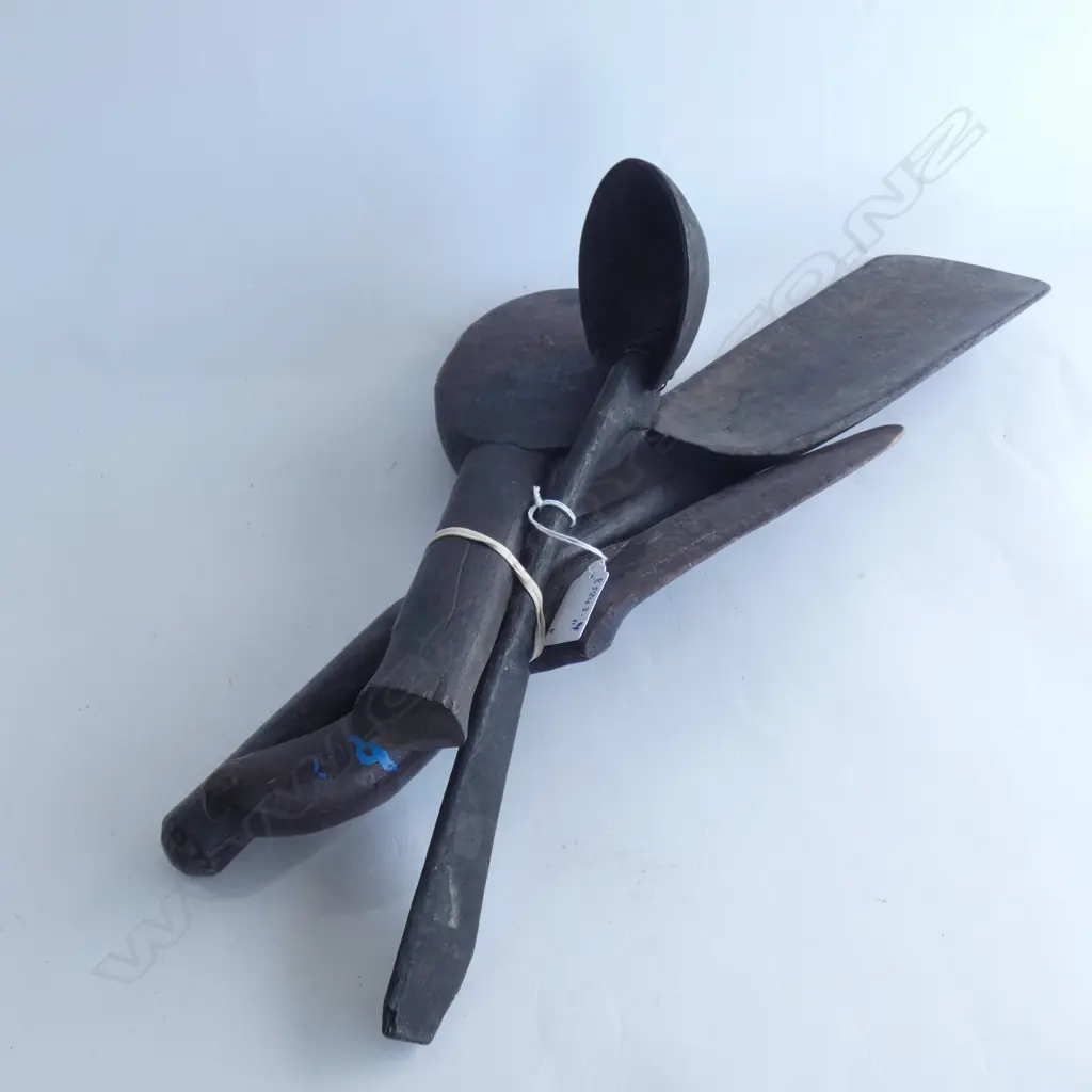 5  MELANESIAN WOODEN IMPLEMENTS, SAGO SPATULAS, CARVED TAPA PATTERN Image 1++