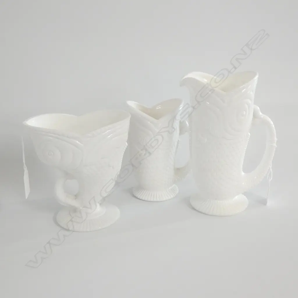2 ANTIQUE MILK GLASS FISH SHAPE JUGS (LARGEST H 175MM) & FISH EMBOSSED VASE H. 135MM C1882  Image 1++
