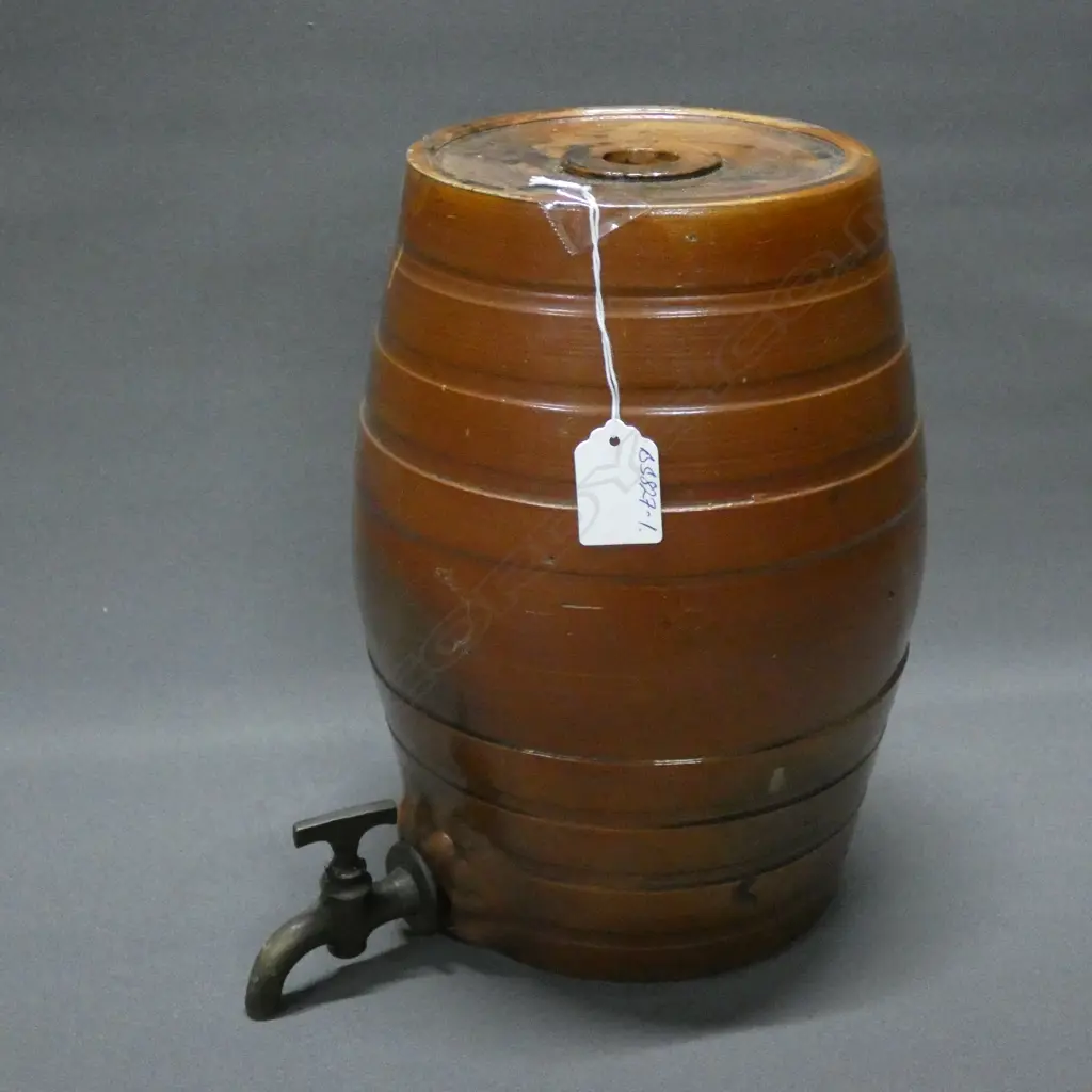ANTIQUE BROWN SALT GLAZE BARREL KEG W TAP H 275MM Image 1++