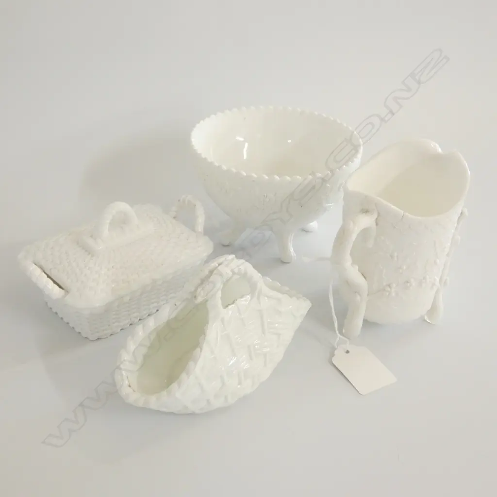 FOUR PCS ASST ANTIQUE WHITE GLASS; BOWL & JUG / LIDDED DISH L 120MM & BASKET VASE Image 1++